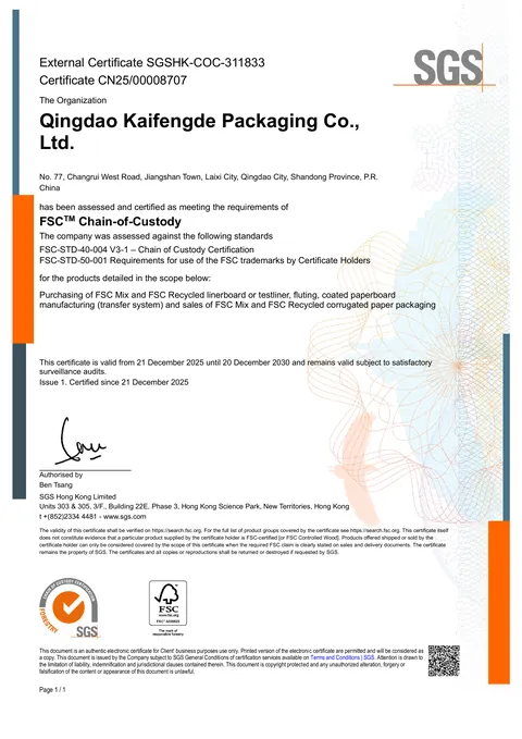 Qingdao Kaifengde Packaging Co., Ltd. — complete FSC® CoC certificate scan