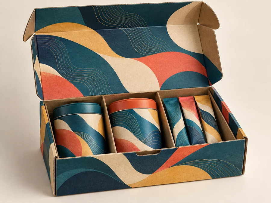 Colour-printed corrugated gift box concept holding closed tea tins and individually sealed pouches