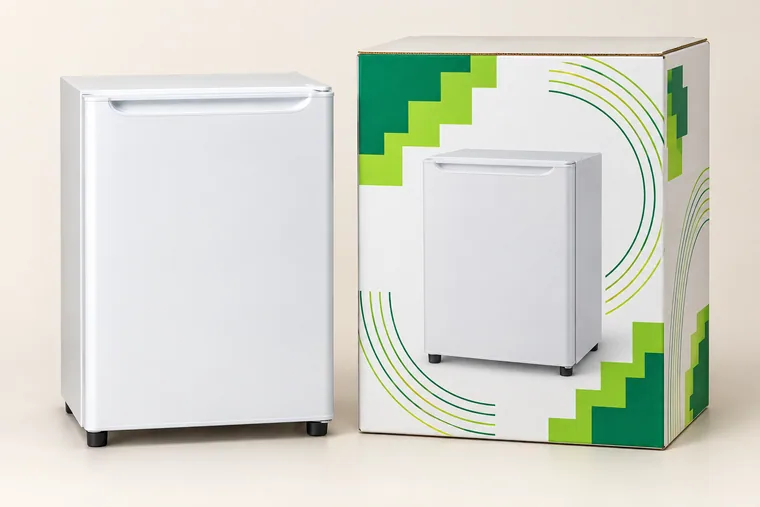 Colour-printed packaging sample style of compact single-door refrigerator beside a compact refrigerator carton