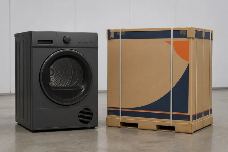 Structural visualization of heat-pump dryers beside a dryer transport carton