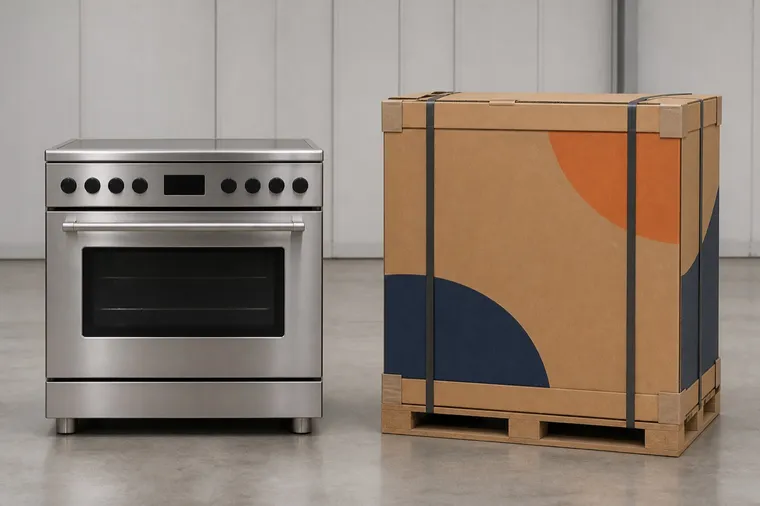 Structural visualization of freestanding ovens beside a large kitchen-appliance carton