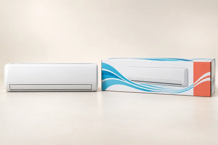 Colour-printed packaging sample style of wall-mounted indoor ac unit beside a indoor ac unit carton