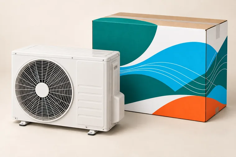 Colour-printed packaging sample style of residential condensers beside a colour-printed outdoor ac unit carton