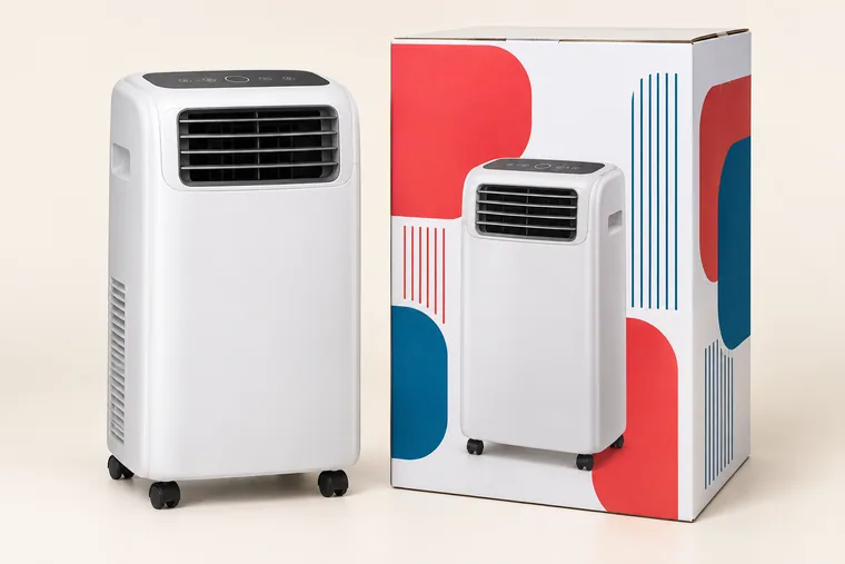 Colour-printed packaging sample style of portable air conditioner beside a portable air conditioner carton