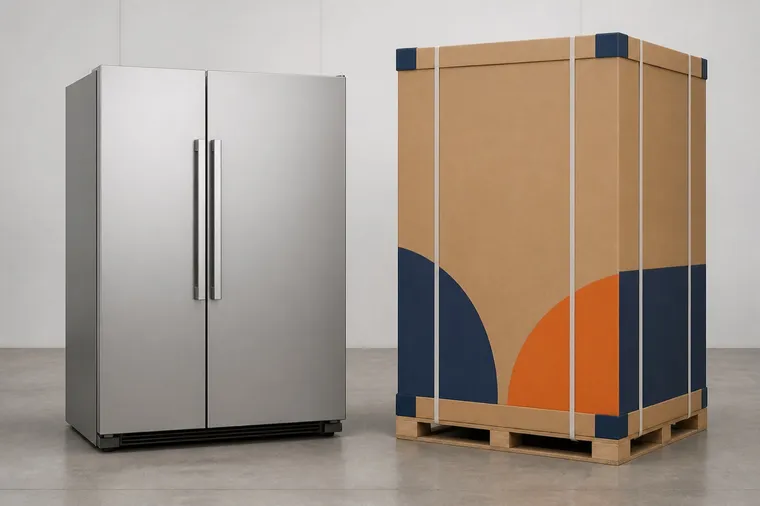 Structural visualization of side-by-side refrigerators beside a side-by-side refrigerator carton