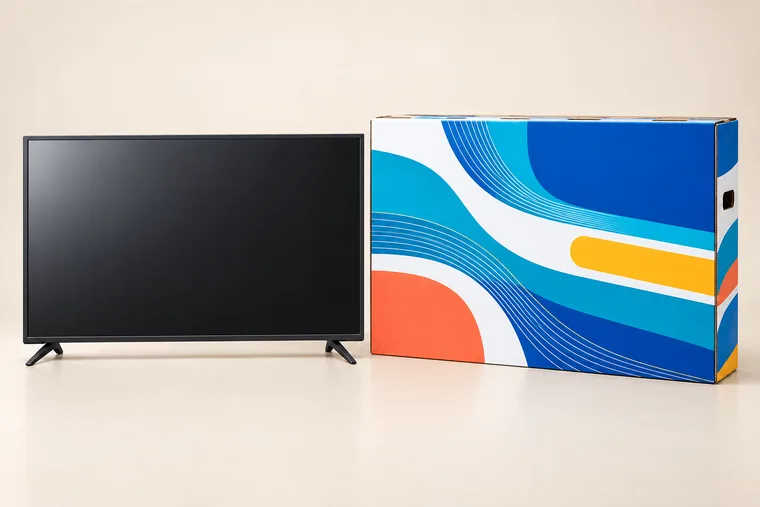 Colour-printed packaging sample style of 43-inch tvs beside a colour-printed cartons for 43-inch / 55-inch tvs