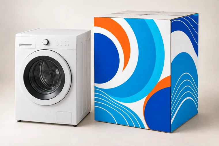 Colour-printed packaging sample style of front-load washers beside a colour-printed washing machine carton