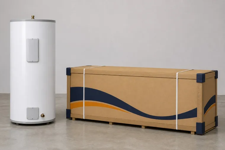 Structural visualization of storage water heaters beside a electric water-heater carton