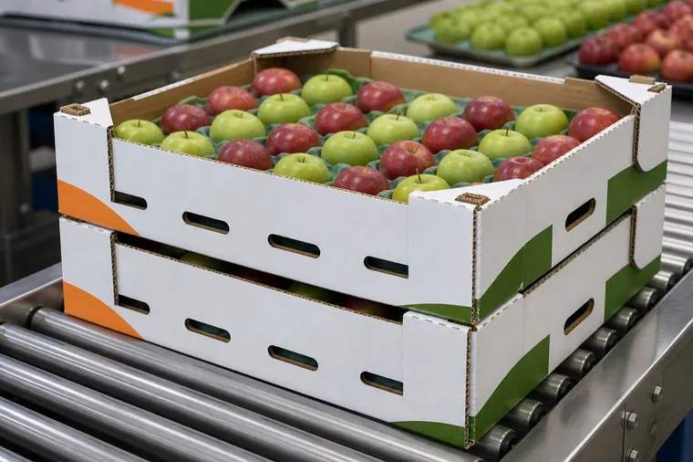 Structural visualization: Red apples in an unbranded stackable apple carton