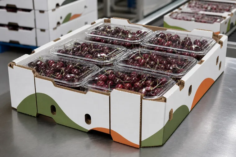 Structural visualization: Cherry punnets in an unbranded cherry cold-chain transport carton