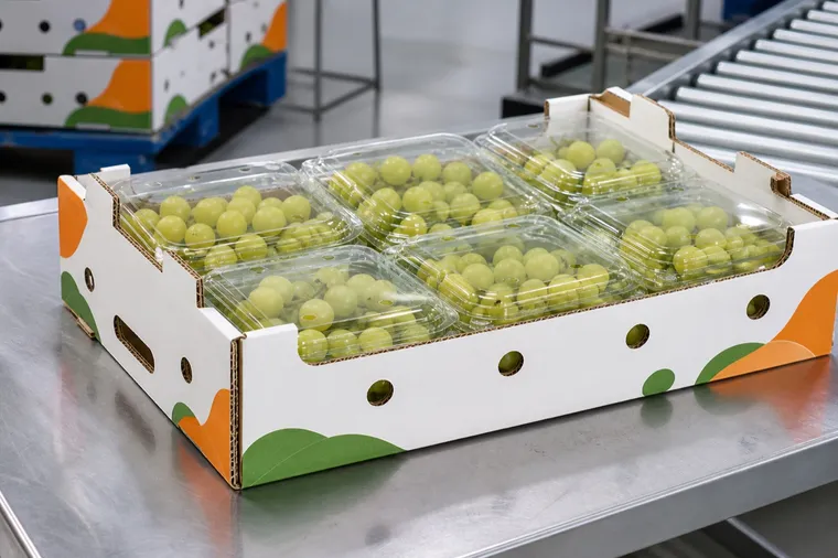 Structural visualization: Table grapes in an unbranded grape transport tray