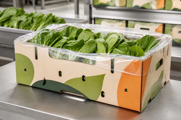 Structural visualization: Spinach in an unbranded leafy-greens transit carton