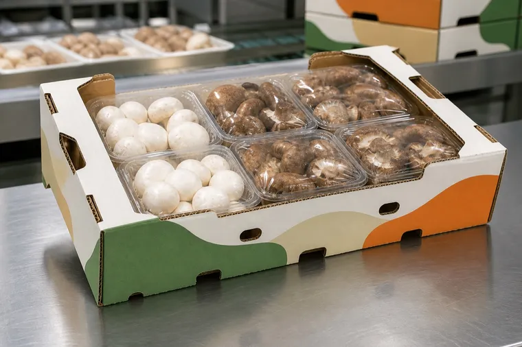 Structural visualization: Button mushrooms in an unbranded mushroom protective carton