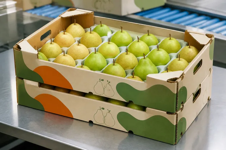 Structural visualization: Asian pears in an unbranded pear divider carton