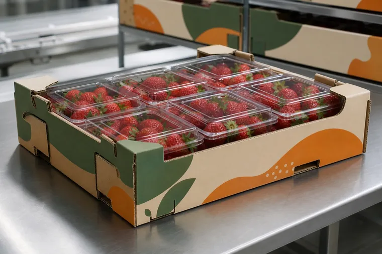 Structural visualization: Strawberry punnets in an unbranded strawberry cold-chain display tray