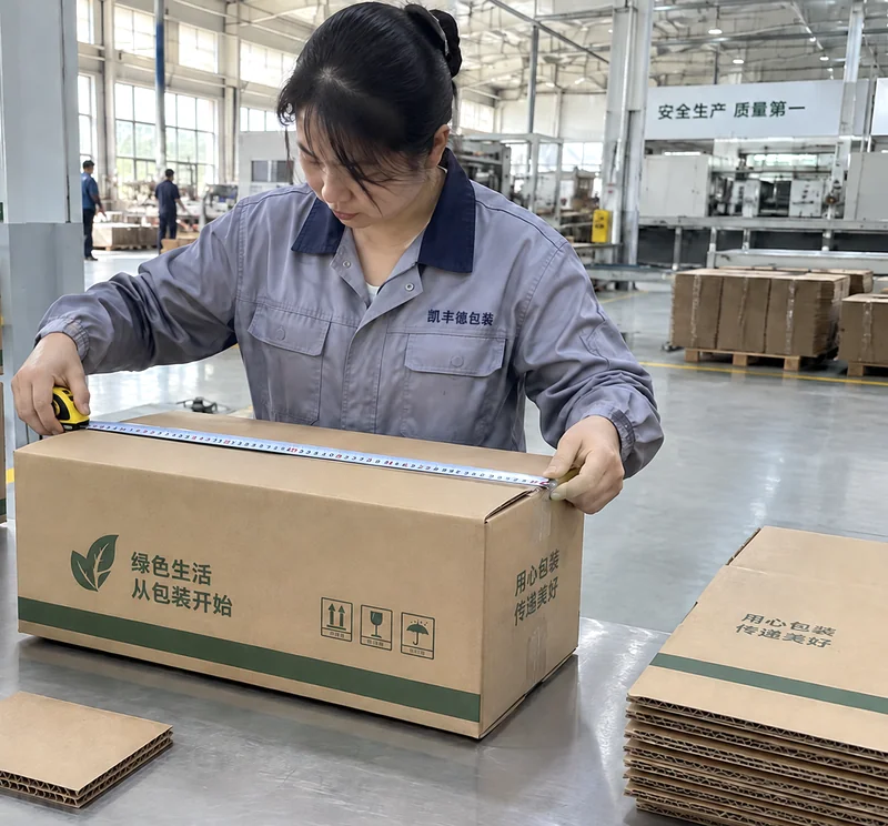 A staff member checking an assembled carton with a tape measure.