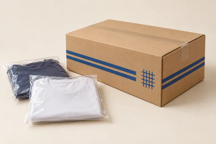 服装电商开槽纸箱 — 独立袋装T恤与衬衫 — 样品款式 · 仅提供纸箱